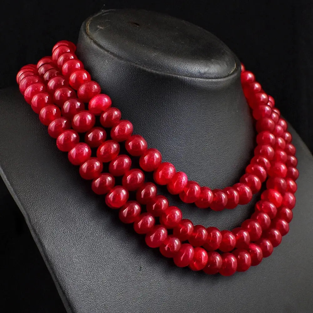 AAA+ Quality 1140 Cts Earth Mined 3 Strand Red Ruby Round Shape Beads Necklace ABC Jewelery
